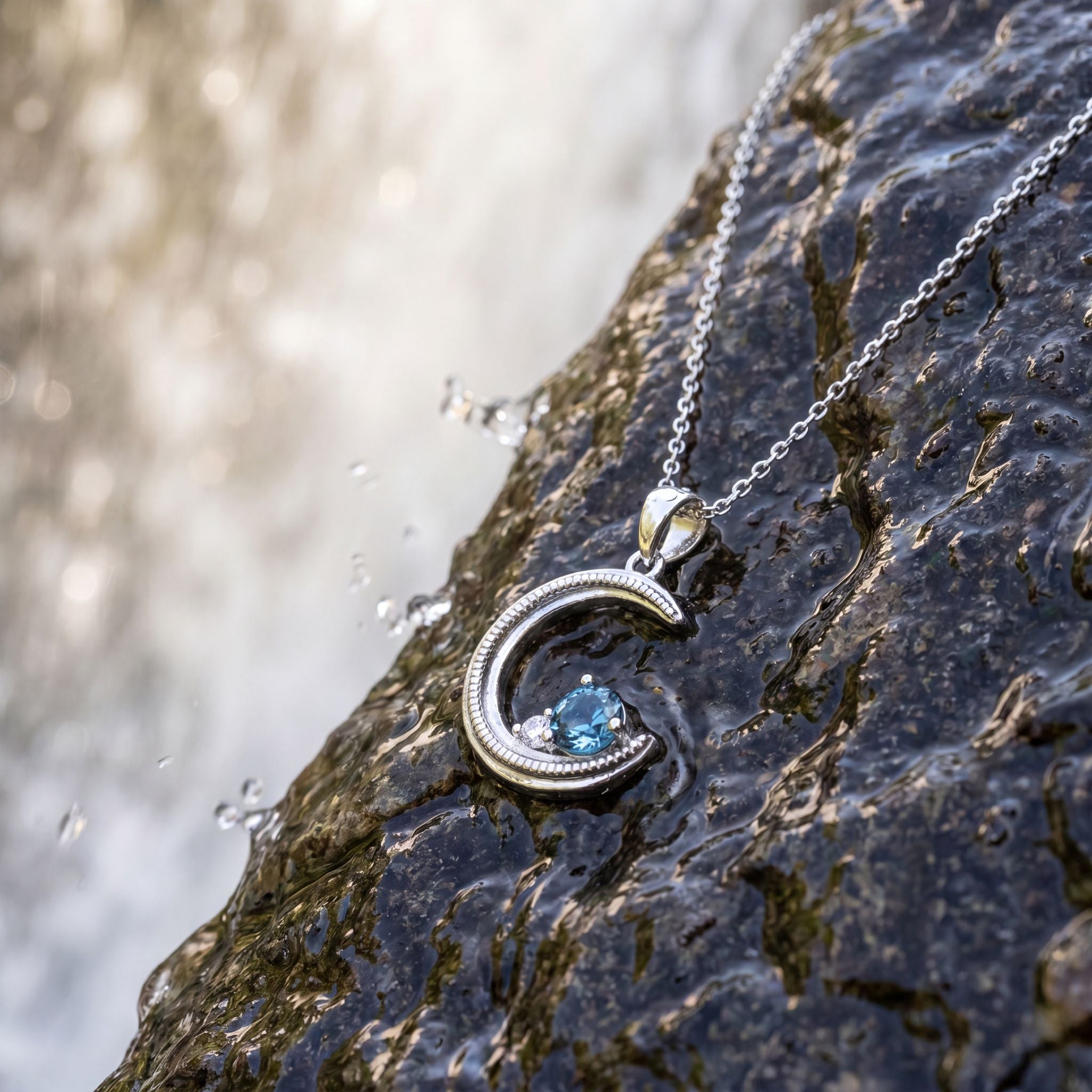Moonbeam Necklace in Silver - Rhodium Plated Sterling Silver CZ Pendant