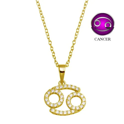 Celebrate your loyal and caring heart with our Gold Cancer Zodiac Necklace!
Features your zodiac sign adorned with stunning clear CZ stones.
Hanging from a 16-inch chain with a 2-inch extension.
Cancer Dates: June 21-July 22