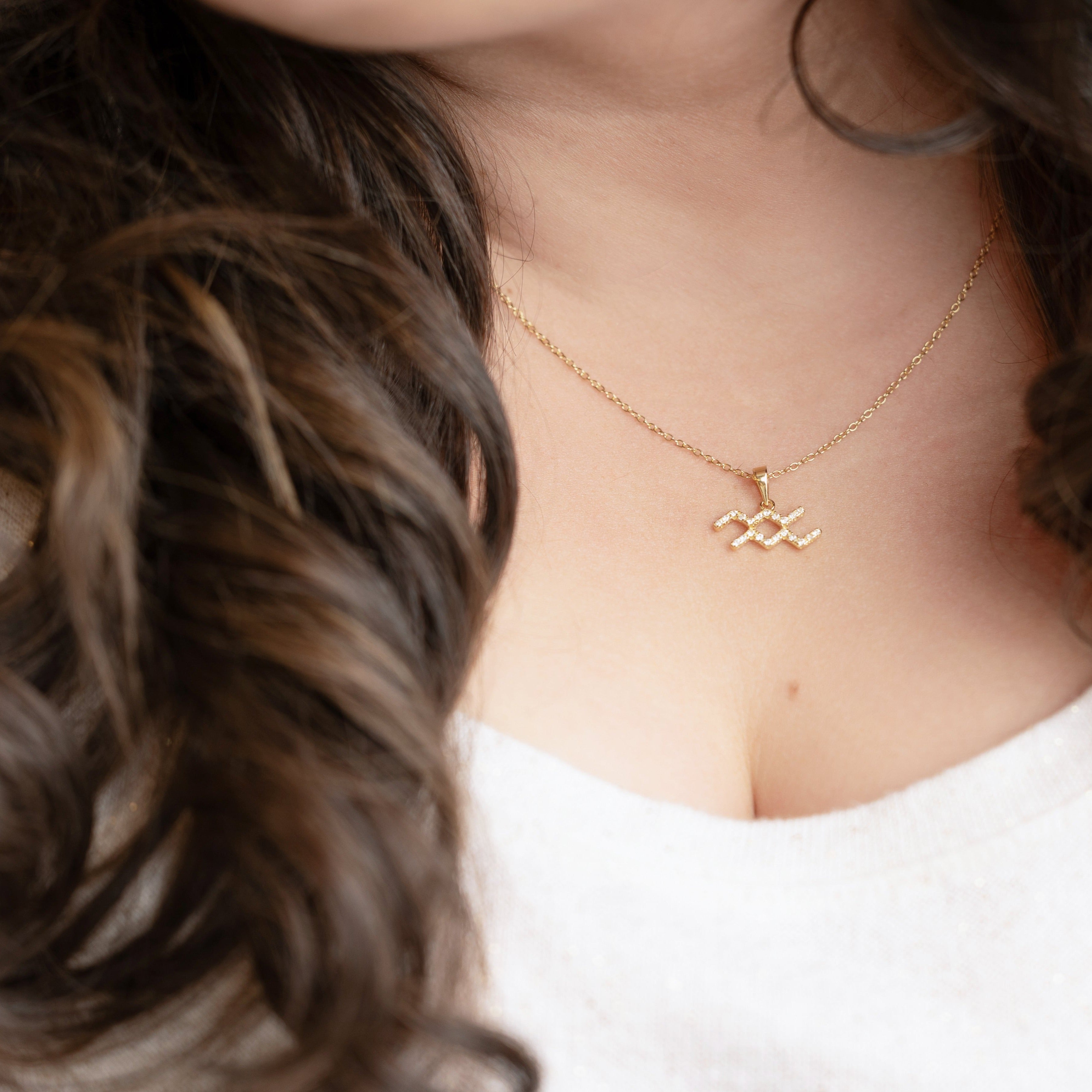 Zodiac Aquarius Necklace in Gold - with Sparkly CZ Stones