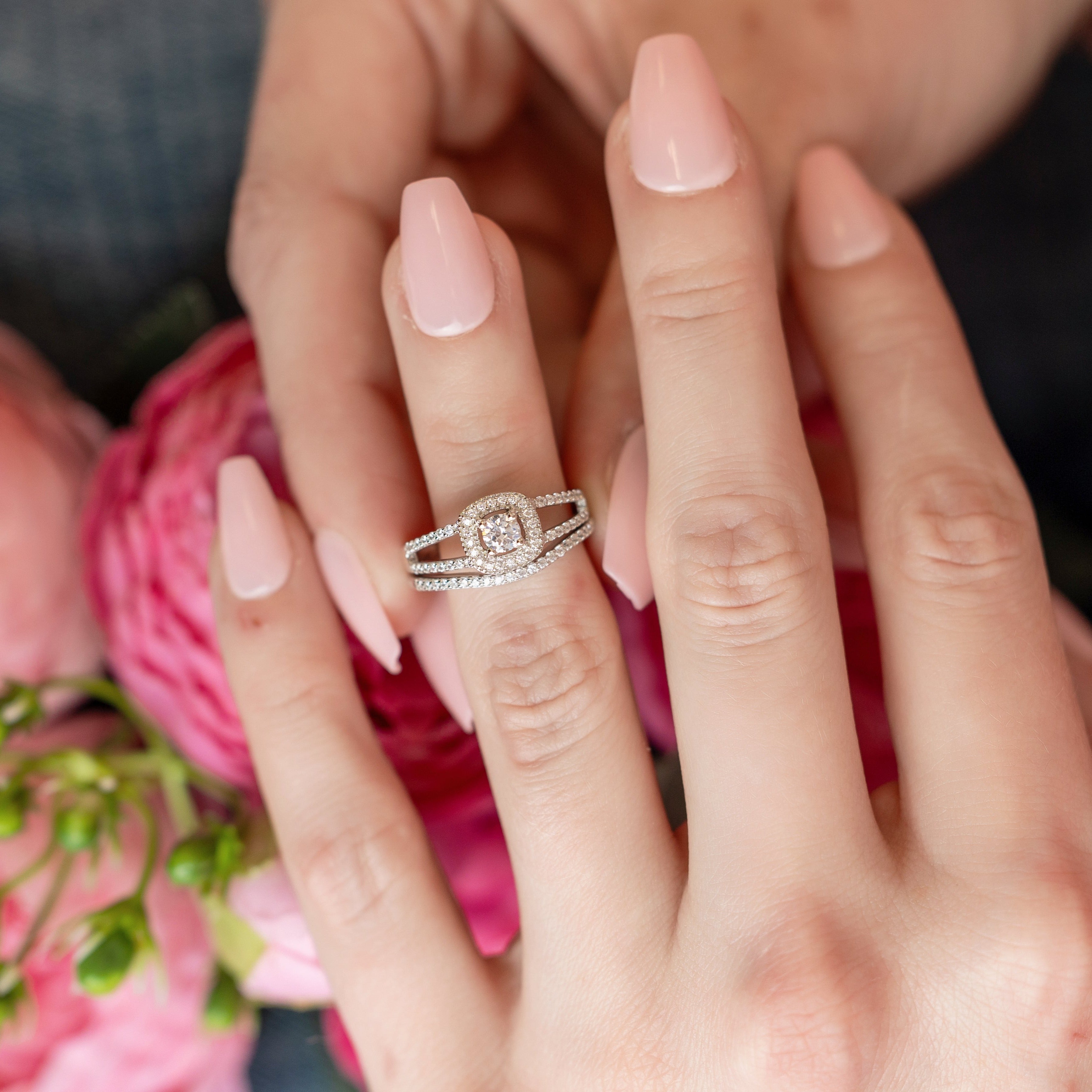 Darla Engagement Ring Set in Silver - Three Bands of Bling