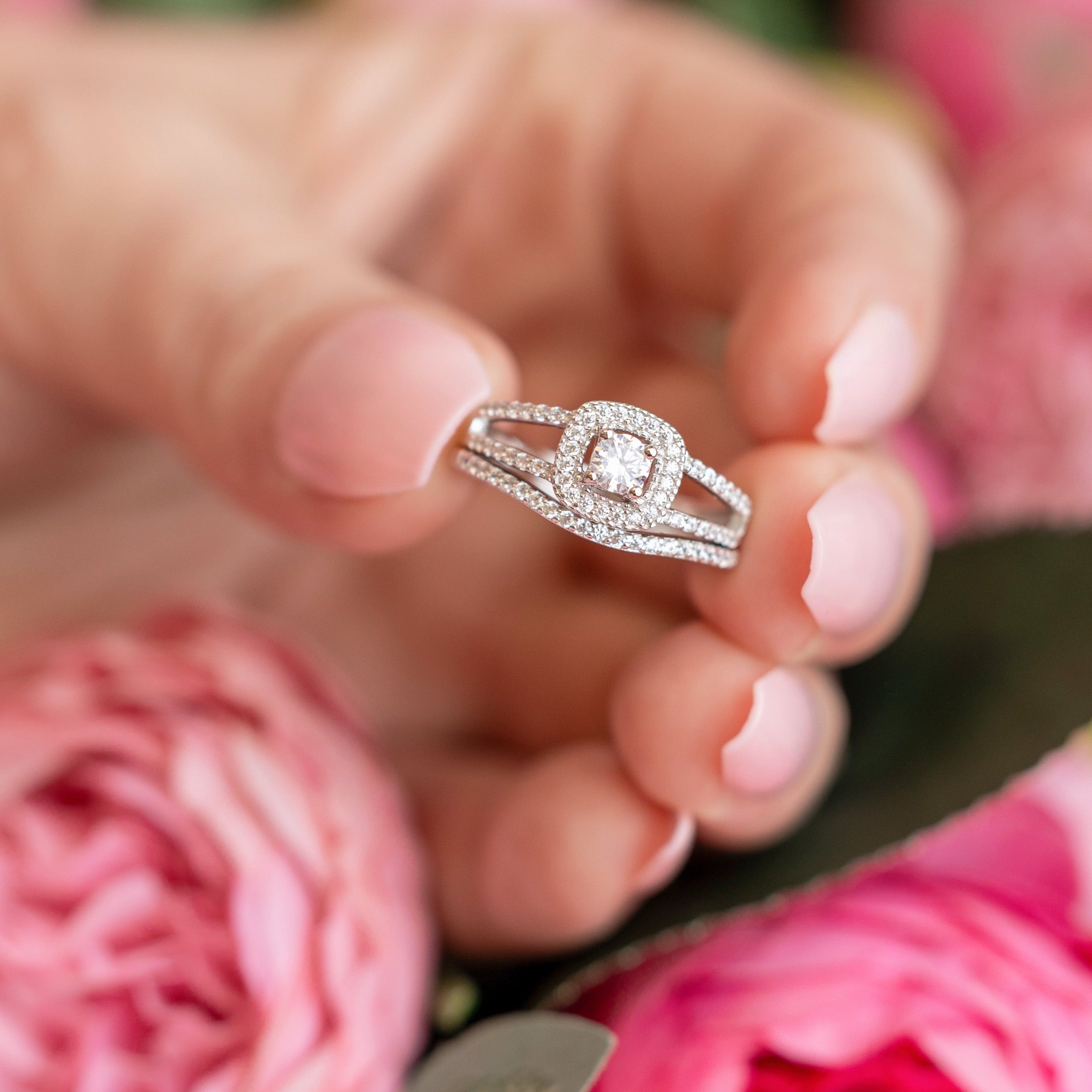 Darla Engagement Ring Set in Silver - Three Bands of Bling