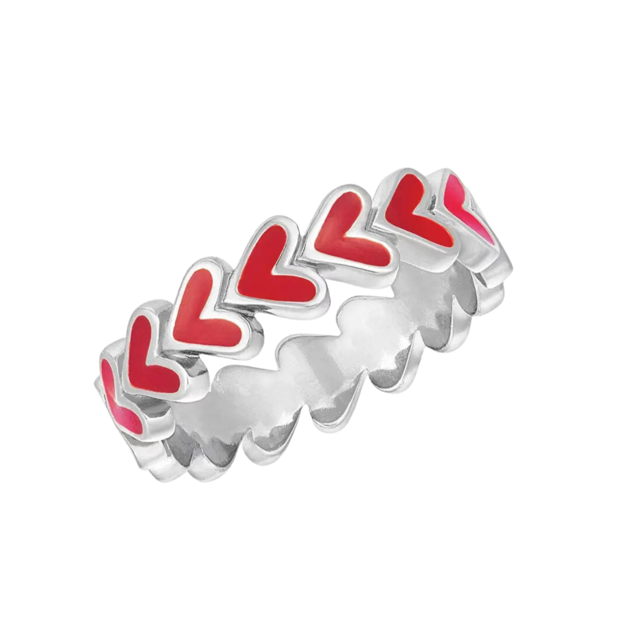 This heart-shaped eternity band features a sequential row of red enamel hearts.
Available in sizes 6 - 10
Crafted from 925 silver and plated in rhodium
And best of all, it's lead and nickel-free for a worry-free wearing experience!