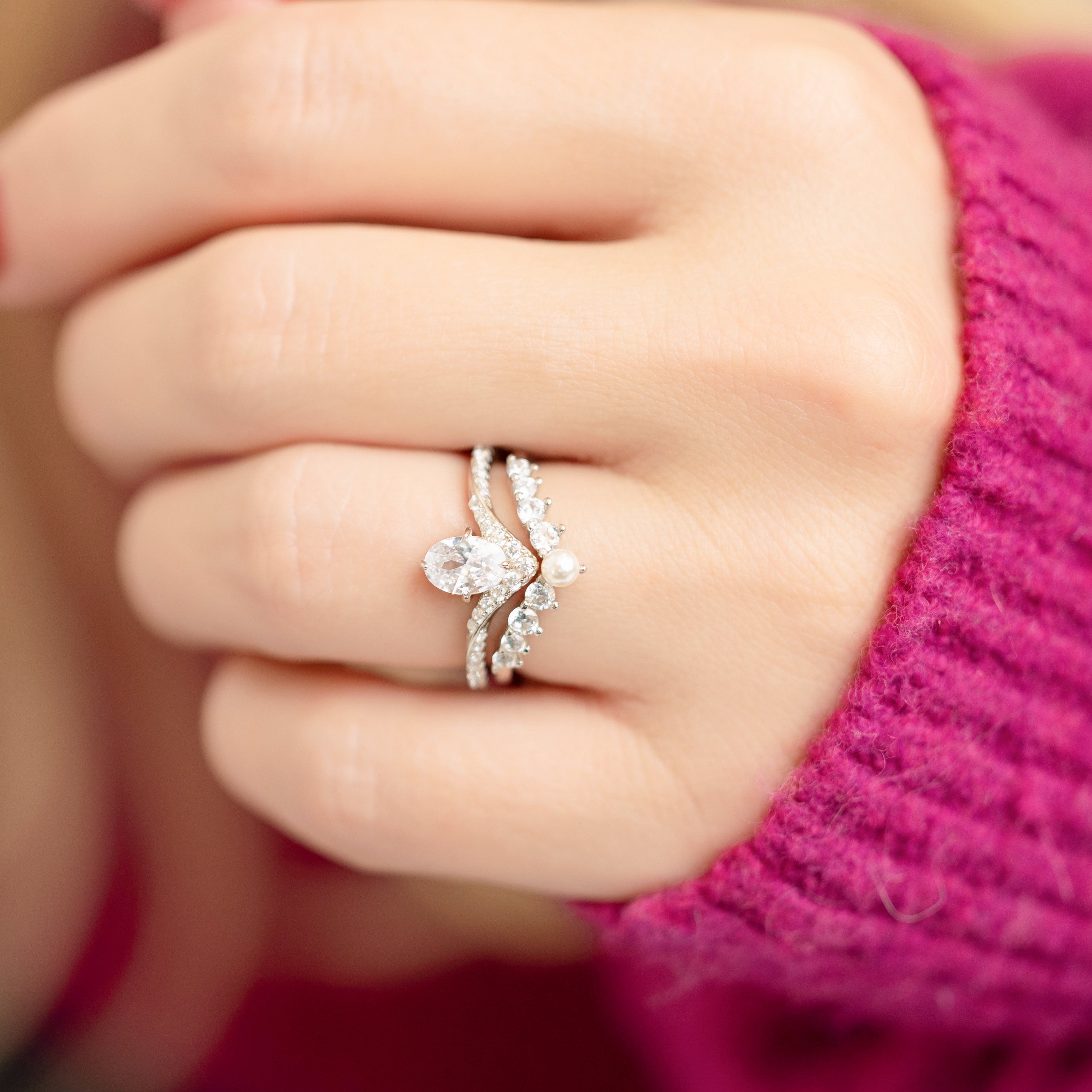 Natalie Stackable Ring in Silver with Pearl - CZ and Pearl Stackable Adds a Touch of Class