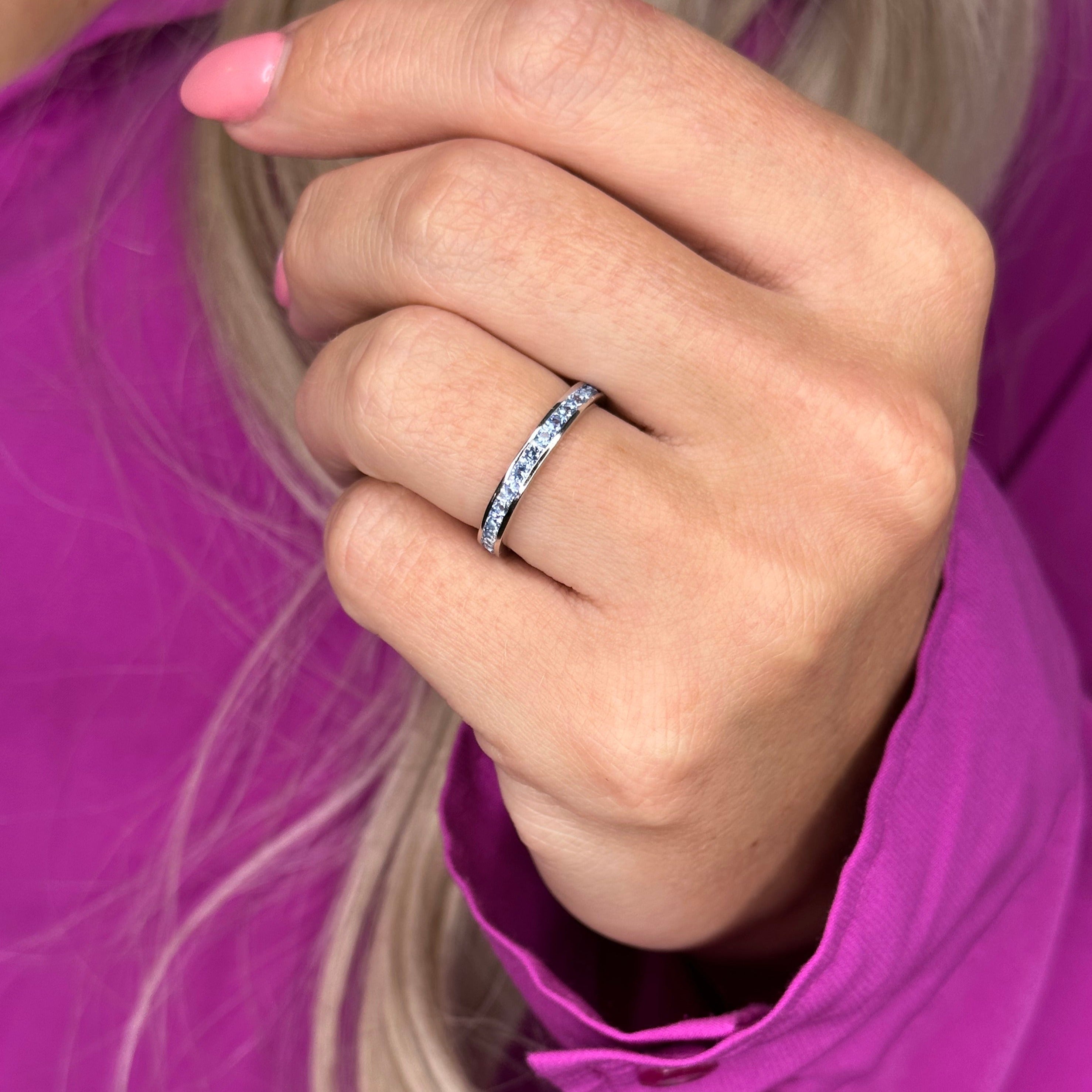 Aquamarine Eternity Band in Silver - Perfect for Your March Birthday!