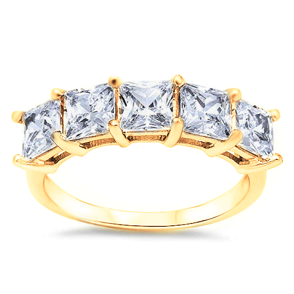 This eternity ring features 5, .75 carat princess-cut stones
Set in a 925 certified sterling silver band, plated in gold
Available in sizes 4 through 11