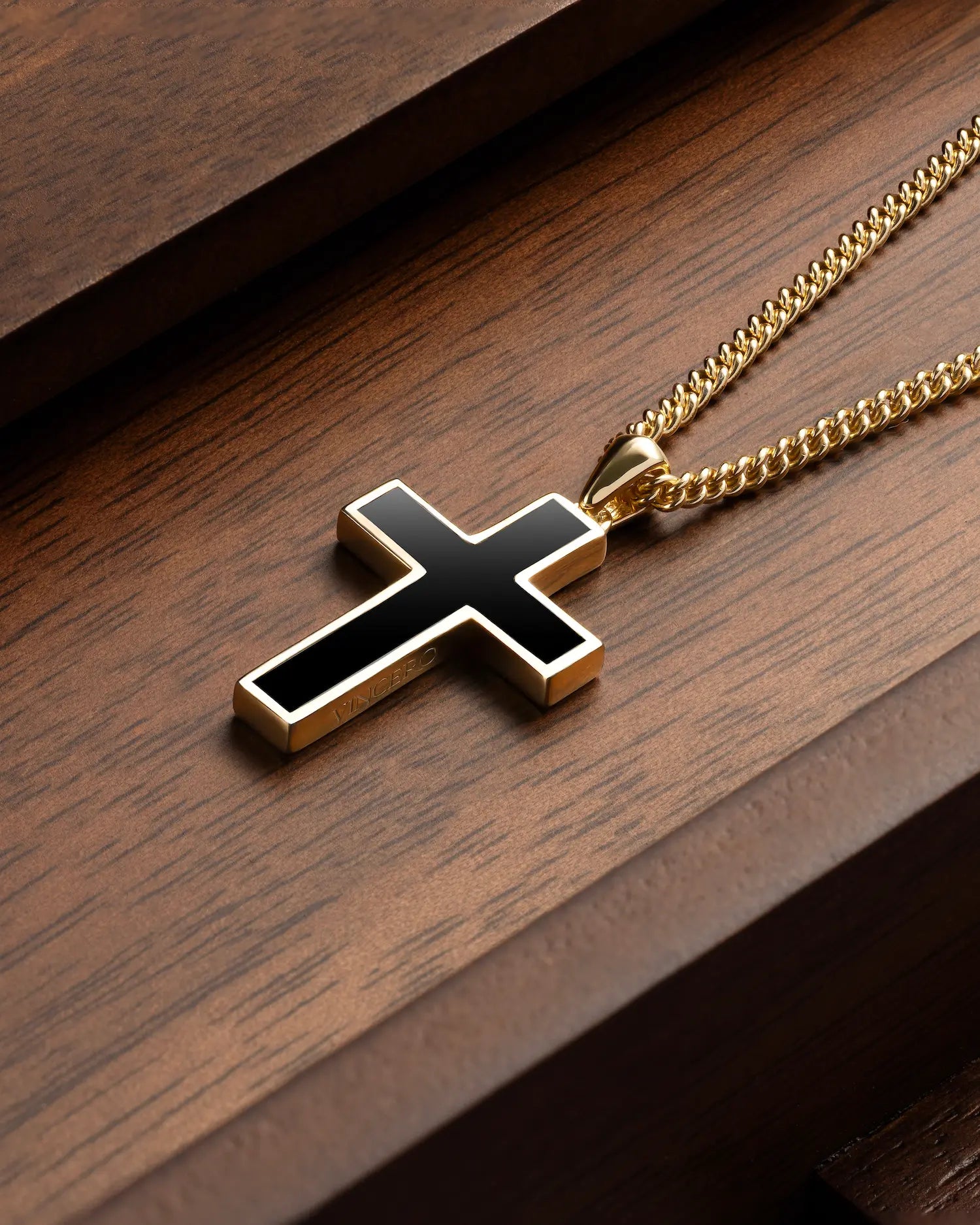 Stone Cross Pendant - 14K Gold Onyx