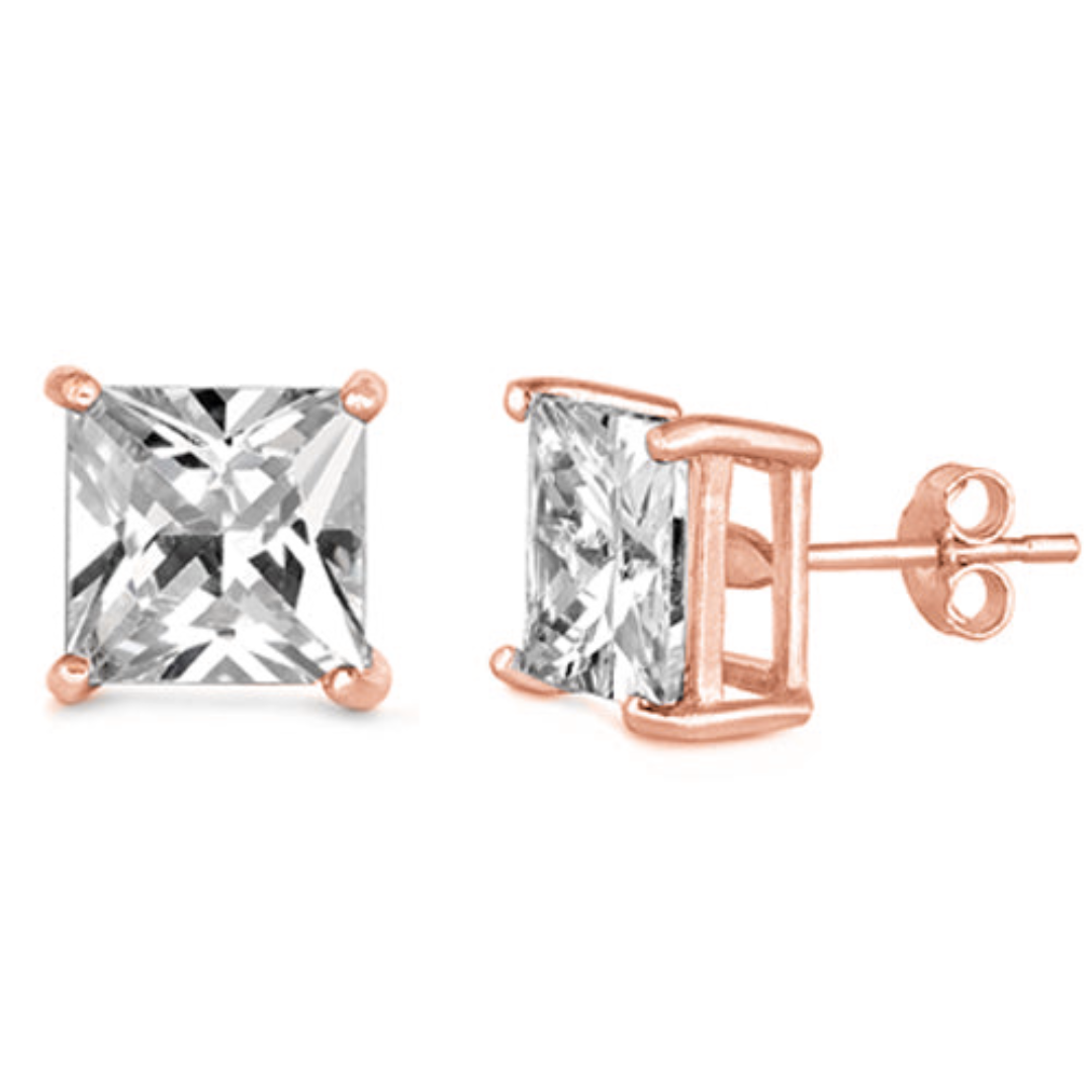 Princess Cut Earrings are made of .925 Sterling
These dainty square stud earrings feature a push back closure
Available in gold and silver