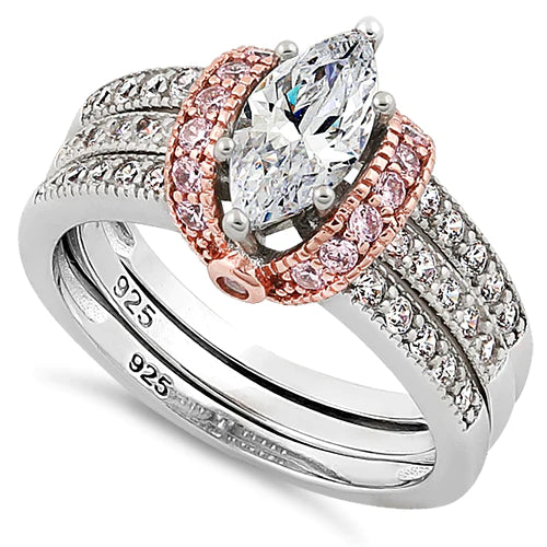 The Reagan brings the bling to your look with a cohesive stacked look!
Features a 1.5 carat marquise stone ring set in sterling silver
Then add 17 sparkling pink cubic zirconia stones in a rose gold halo
Plus 5 clear cubic zirconia stones on each band
Available in sizes 5 through 11