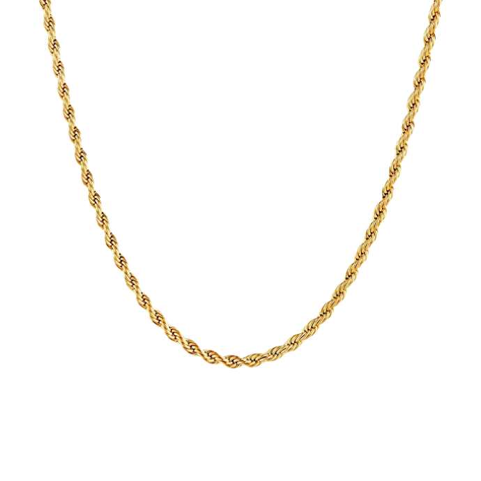 Gold rope chain necklace on a white background