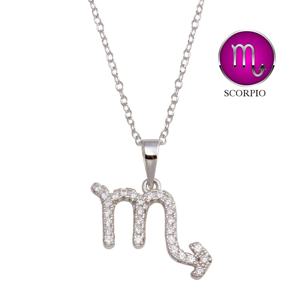 Celebrate your passionate, committed and brave spirit with our Silver Scorpio Zodiac Necklace!
Features your zodiac sign adorned with stunning clear CZ stones.
Hanging from a 16-inch chain with a 2-inch extension.
Scorpio Dates: October 23-November 21