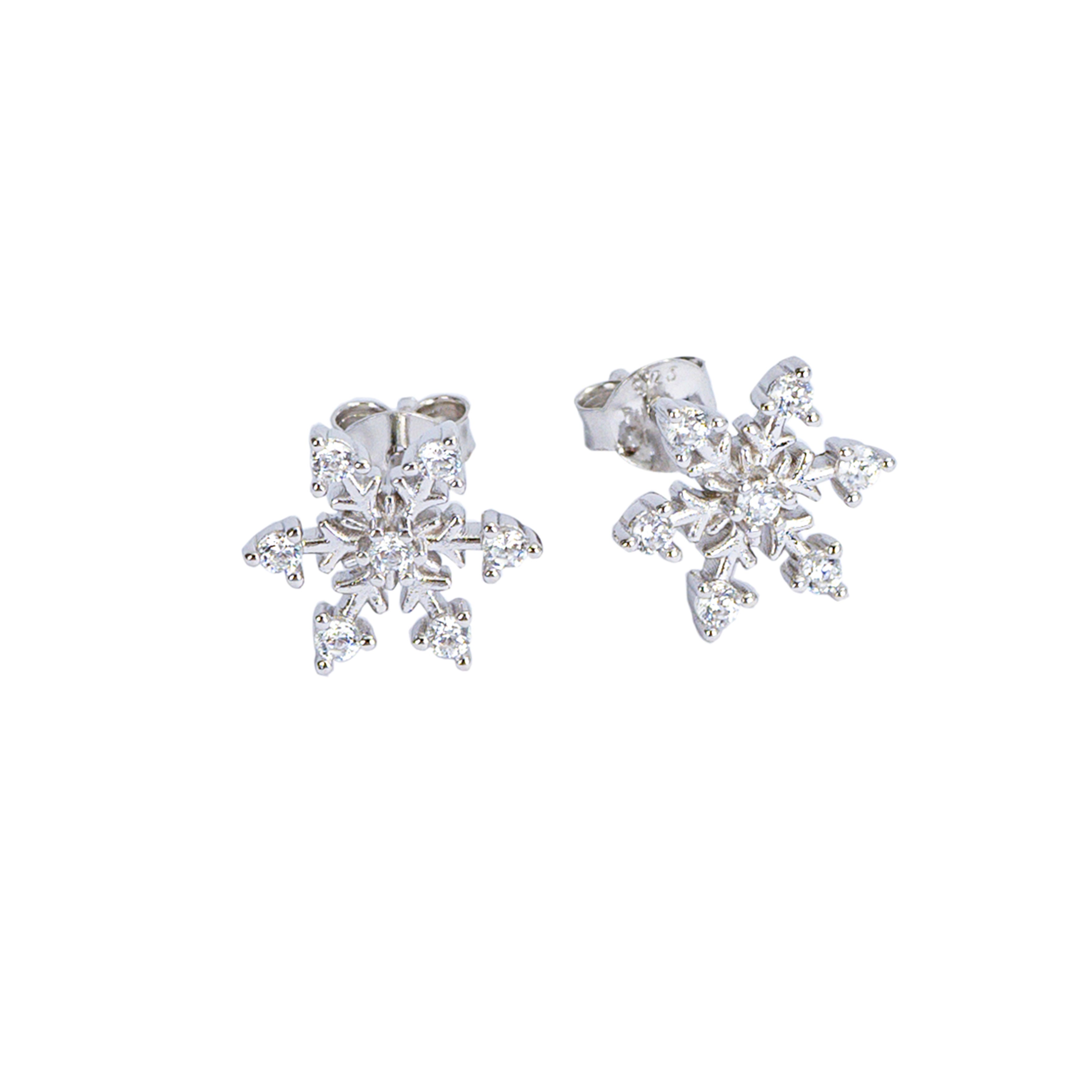Snowflake-shaped silver earrings on a white background