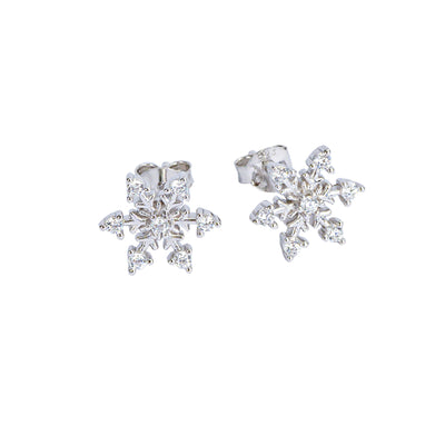 Snowflake-shaped silver earrings on a white background