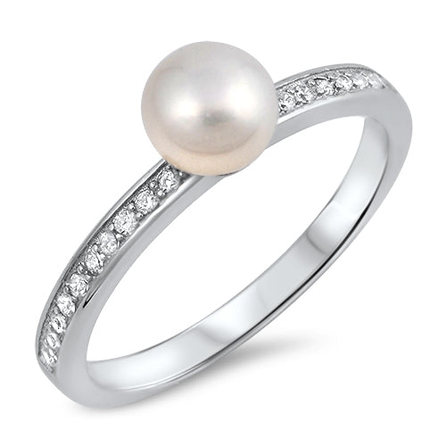 Solitaire simulated pearl that measures approximately 1/4" (roughly .5 carat)
Pavé sterling silver band set with 100% simulated diamond material (AAA CZ) in a 1.5 mm band