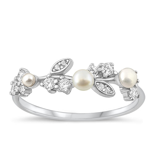 Sterling silver band features three pearls surrounded by Triple A CZ stones
Currently available is size 5 and 6 only.