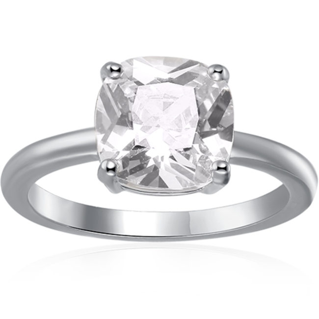 Features a stunning 2 carat cushion cut solitaire
Set in a beautiful 4 prong setting
Sterling silver plated in Rhodium
Available in sizes 4 through 11