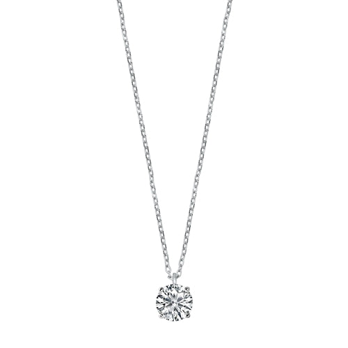 Features a stunning 1 carat (7mm) round cut center stone
Set in 925 certified sterling silver
The stone is 100% simulated diamond material stone (AAA CZ)
Complete with a 16" chain and 2" extension