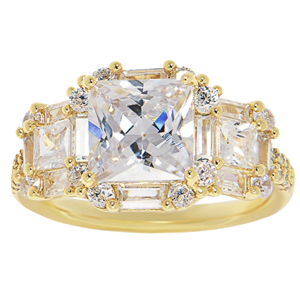 Features a 1.28-carat princess-cut center stone
Surrounded by round and emerald halo stones
Intricate prong setting helps allow the 41 total stones
Sterling silver with 14K gold plating
Available in silver and in sizes 5 through 11