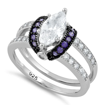 Features a stunning 1.5 carat marquise center stone haloed with 7 dark Amethysts and 5 clear CZ stones down the bands
Made with a sterling silver black plating
Available sizes 5 through 10