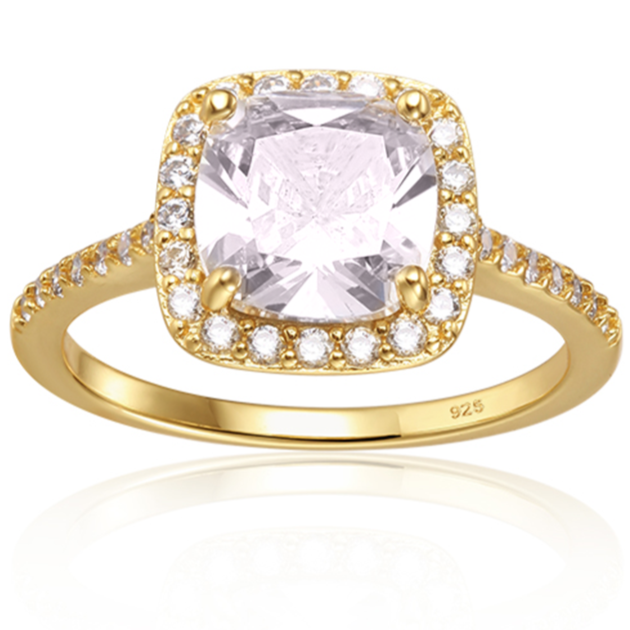 Features a 2-carat Asscher cut center stone
A dazzling halo surrounding it, adding to the sparkle
Surrounded by a delicate halo and pavé band
Sterling silver and plated in 14K gold
Available in silver and in sizes 4 through 11