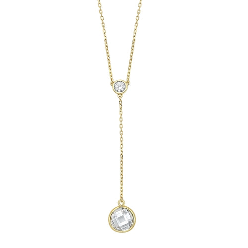 Made with a sterling silver chain plated in gold
Features two clear Triple A CZ stones
Extends to 17 inches total (16-inch chain with a 1-inch extension