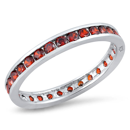 Features a 3mm sterling silver band
Red gemstones encircle the entire ring
Plated in Rhodium for long-last shine and protection