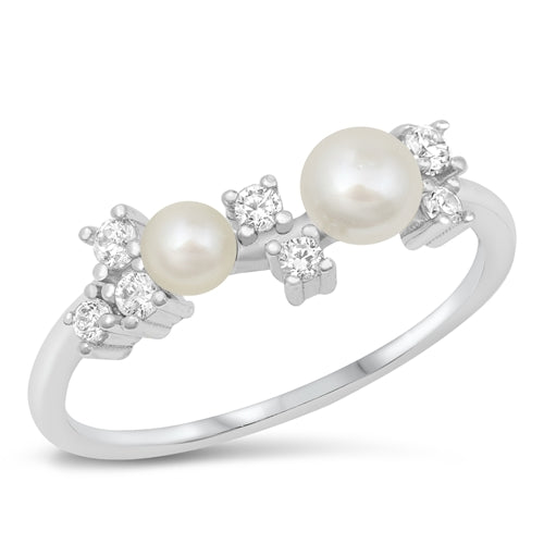Features a unique and intricate design, with two freshwater pearls surrounded by smaller sparkling cubic zirconia stones
Set in a sterling silver band with Rhodium plating
Face height 6mm
Available in sizes 5 through 9