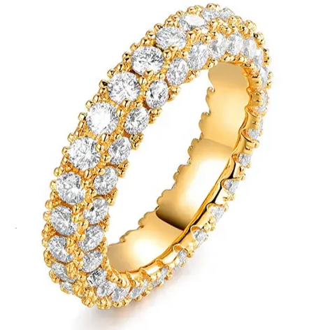 Crafted with small diamonds all around the yellow gold-plated band as well as on the sides
925 sterling silver plated in 18K gold
Free of Lead, Cadmium, and Nickel
Available is sizes 4 through 11