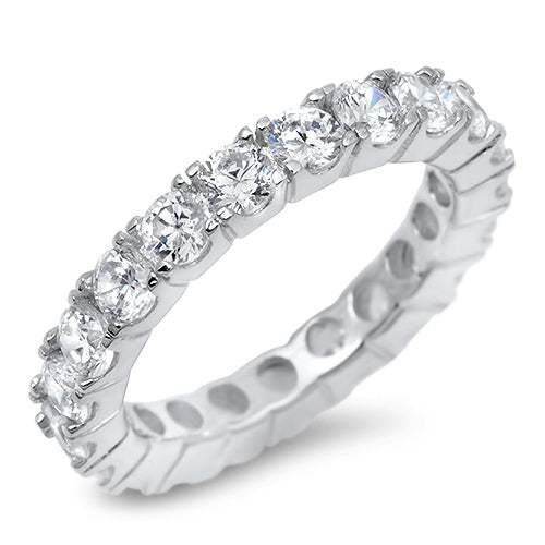 Features a 4mm band adorned with small stones embedded all the way around
Sterling silver and plated in Rhodium for long-lasting shine and sparkle
Available in sizes 5 through 10