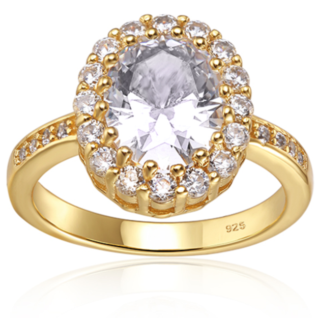 Features a 2-carat oval cut center stone
Surrounded by 16 small stones in a delicate halo.
There are 4 smaller stones down each side of the band
Triple A CZ stones, plated in 14K gold
Available in silver and sizes 4 through 11