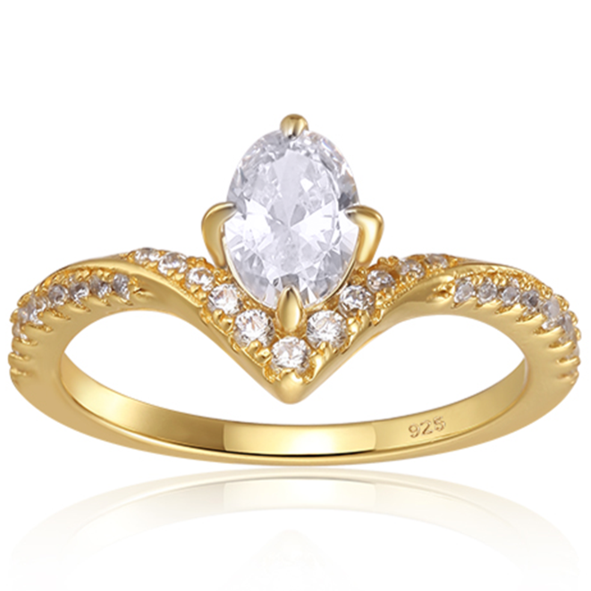 Unique oval cut ring features a .75 carat stone
Round cut stones that cover 3/4 of the band
925 sterling silver plated 14k gold comes to a twisted point above the oval
100% simulated diamond material stones (AAA CZ)
The center stone measures 7.5mm x 5mm
Available in silver as well