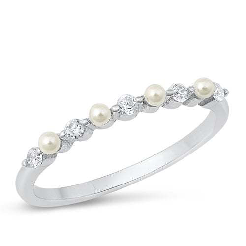 Features five small CZ stones, with a face height of 2.1mm
Also has four small pearls alternating along the dainty band
Sterling silver and plated in Rhodium