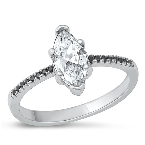 Features a 1.5 ct Marquise Triple A CZ stone
Face height of 12 mm
Elegant clear and black CZ stones set in sterling silver
Available in sizes 5 through 10
