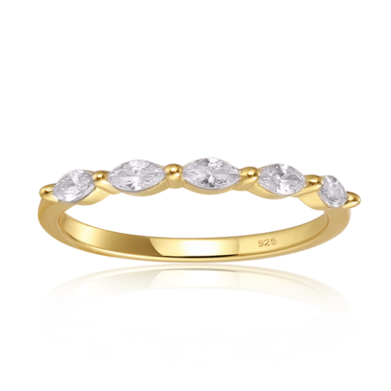 Features 5 oval cut stones that are 4mm x 2mm in size
100% simulated diamond material stones (AAA CZ)
Beautifully set in a 925-sterling silver band, plated 14k gold
Available in silver and sizes 4 through 11