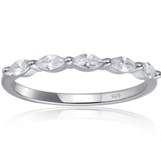 Features 5 oval cut stones that are 4mm x 2mm in size
100% simulated diamond material stones (AAA CZ)
Beautifully set in a 925-sterling silver band, plated in Rhodium
Available in gold and sizes 4 through 11