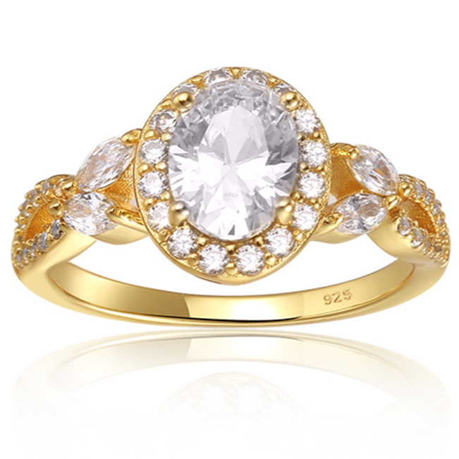 1.5-carat oval cut ring is surrounded by a halo of stones, both around the stone, and on the band
Center stone is about 9 mm tall with 2 marquise stones (4mm) on either side of the center stone
Available in sizes 4 through 11