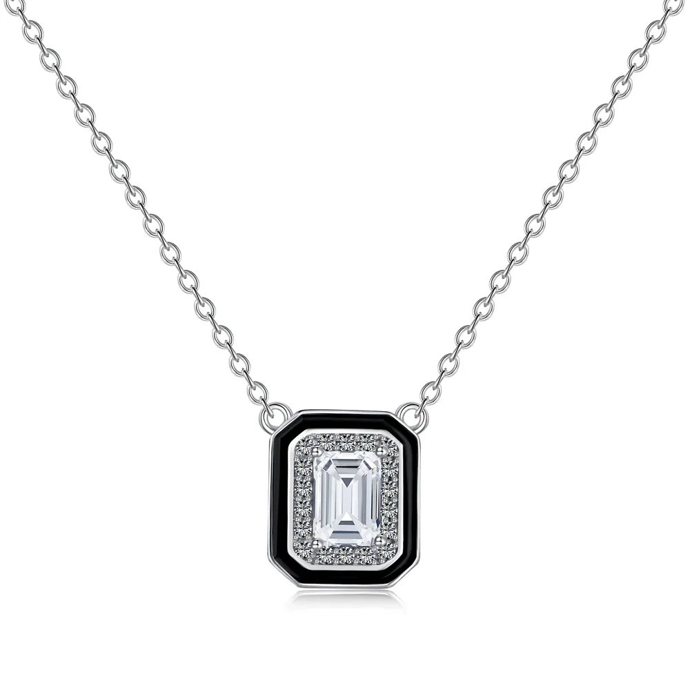 Sterling silver (.925) with white 3A CZ stones and black enamel
Plated in Rhodium for extra durability
Length is 18 inches
Lead and nickel free