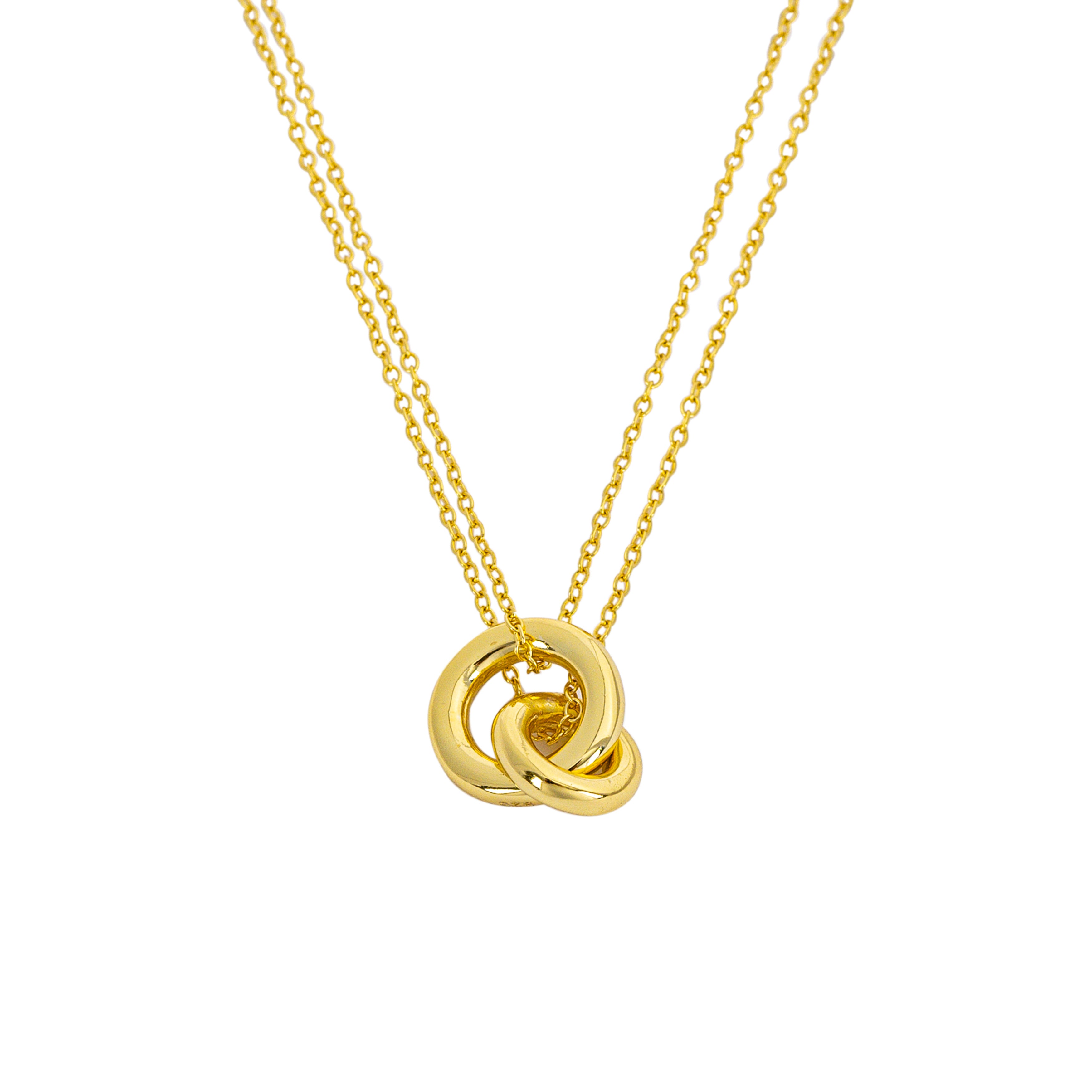 Gold necklace with interlocking pendants on a white background