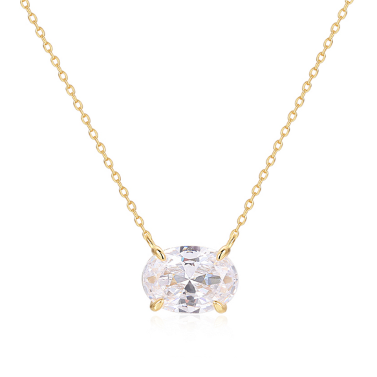 Classic solitaire setting is made of certified 925 sterling silver
Plated in 14k gold and set in a 4-prong setting
Measures 18 inches long with a 2-inch linking chain
Also available in silver