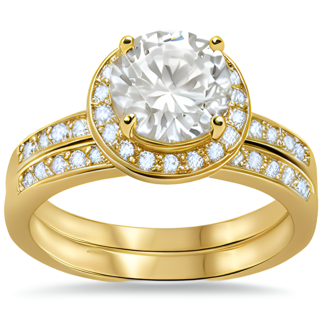 Features a 2-carat round cut center stone
Surrounded by a beautiful halo set in a prong setting.
Includes a matching band to complete the set
Available in sizes 4 through 11