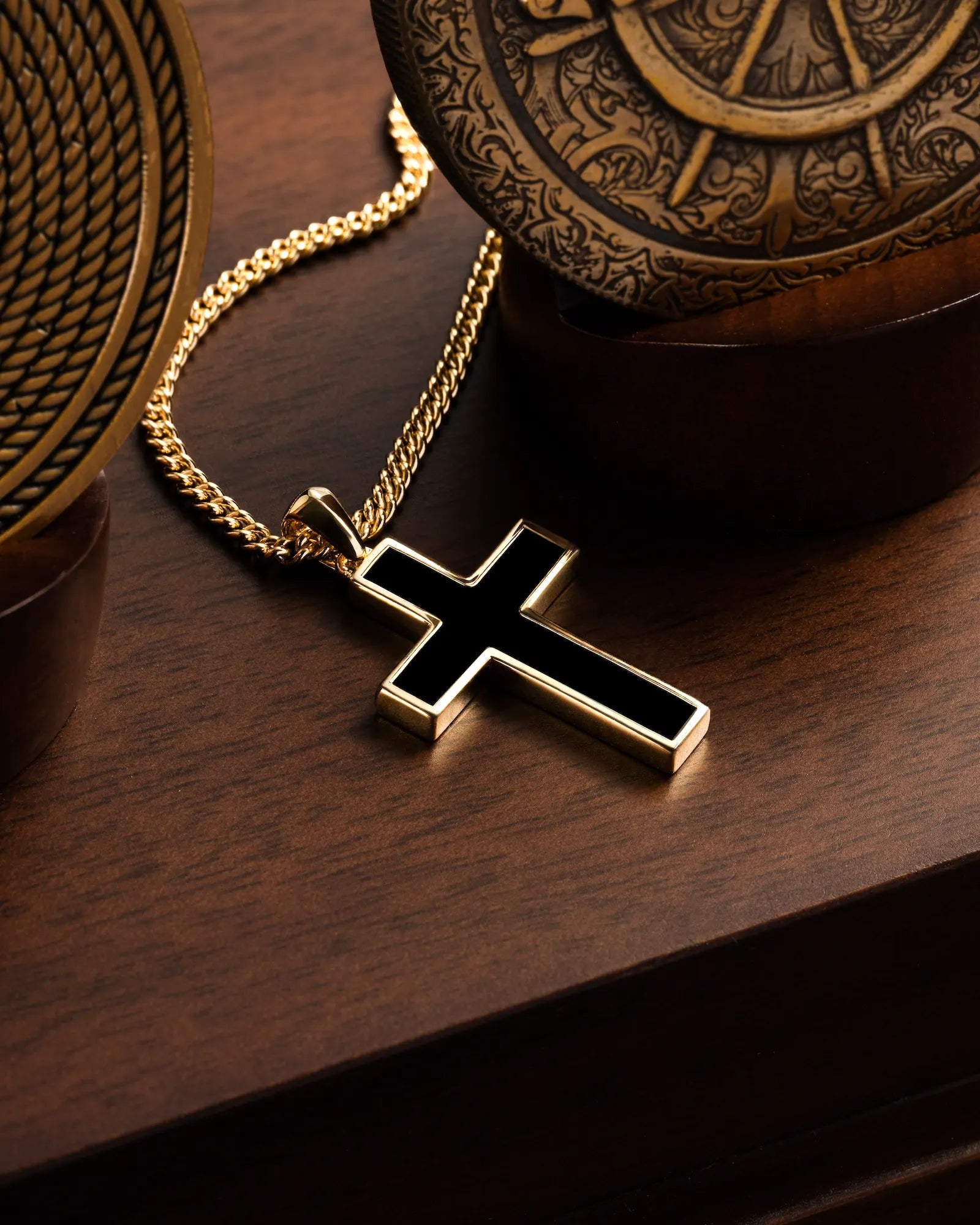 Stone Cross Pendant - 14K Gold Onyx