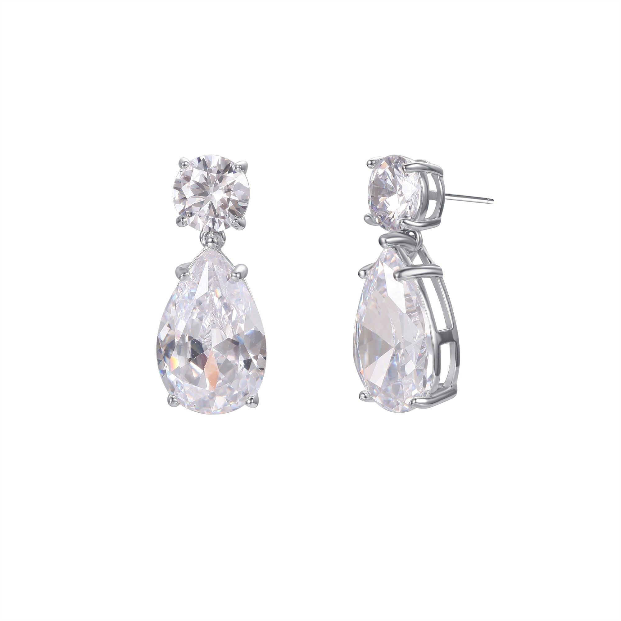 Two stone dangling earrings - one with round cut, one with tear drop - these will steal the show earrings will steal the show.