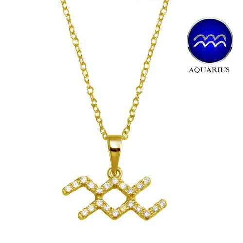 Celebrate your independent, free-spirited, and original personality with our Gold Aquarius Zodiac Necklace!
Features your zodiac sign adorned with stunning clear CZ stones
Hanging from a 16-inch chain with a 2-inch extension
Aquarius: January 21-February 18