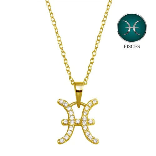 Celebrate your compassionate and imaginative soul with our Gold Pisces Zodiac Necklace!
Features your zodiac sign adorned with stunning clear CZ stones.
Hanging from a 16-inch chain with a 2-inch extension.
Pisces Dates: February 19 - March 20