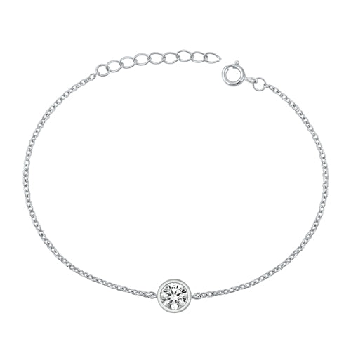 Features a round cut 1 carat stone (6.5mm)
Beautiful 100% simulated diamond material stone (AAA CZ)
Set in a 925 certified sterling silver band and rhodium plated to prevent tarnishing.
The chain measures 6.5" and has a 1" extension