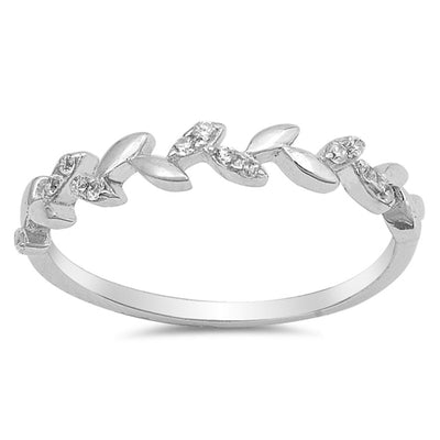 Features sterling silver band with alternating with 2 CZ stone
Face height is 4mm
The leaves cover over half of the circumference of the ring
Available in sizes 4 through 10