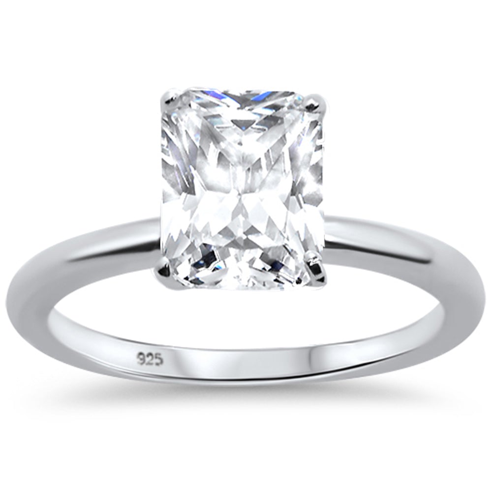 Features a 2-carat emerald center stone
Set in a sterling silver band and prong setting
Available in sizes 4 through 10