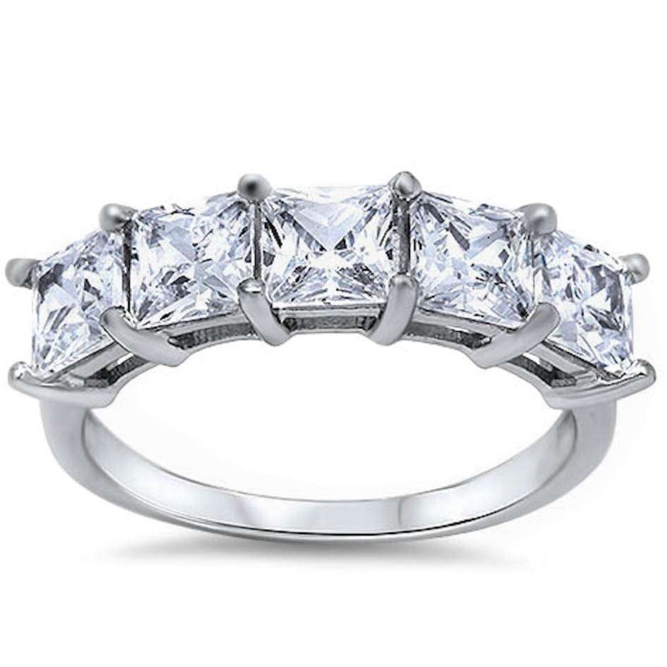 Features five .75 carat princess-cut stones
Set in a 925 certified sterling silver band, plated in Rhodium
Available in sizes 4 through 11