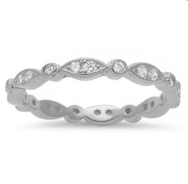 Marquise and round cut cubic zirconia eternity band measures 3 mm tall.
100% simulated diamond material stones (AAA CZ)
925 certified sterling silver band, which is plated in Rhodium
Available in sizes 4 through 12