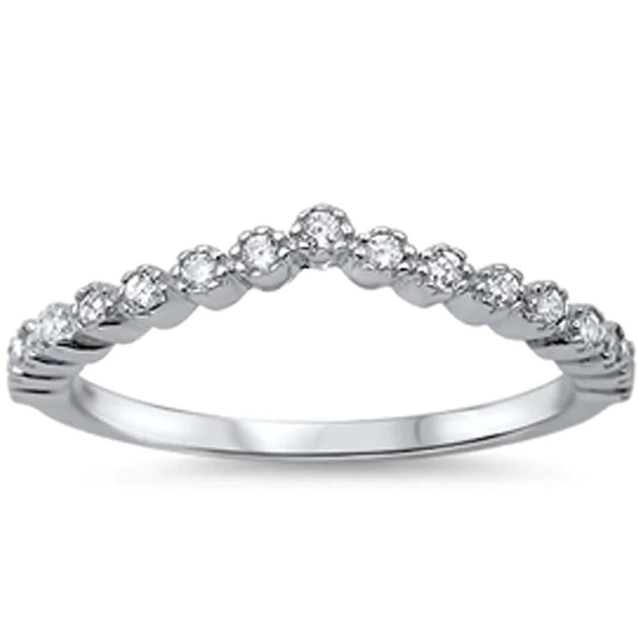 Sterling silver chevron stackable ring
Features round-cut clear Triple A CZ stone
Face Height of 4MM
Available in sizes 4 through 10