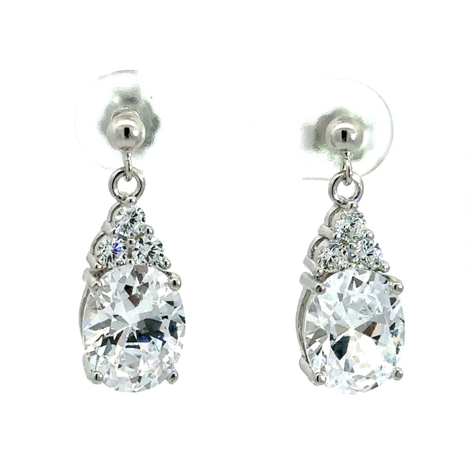 Feature a 2-carat oval cut center stone with 3 smaller round stones forming a triangle above the oval stone.
Made of sterling silver and plated in Rhodium
The stone dangles from a silver stud and measures approx. 1.5 inches long
These earrings are hypoallergenic and a great gift for yourself of someone else